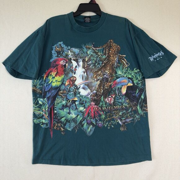 Vintage Rainforest Cafe All Over Print 90's Teal T-Shirt Size XL Single Stitched - Picture 1 of 11